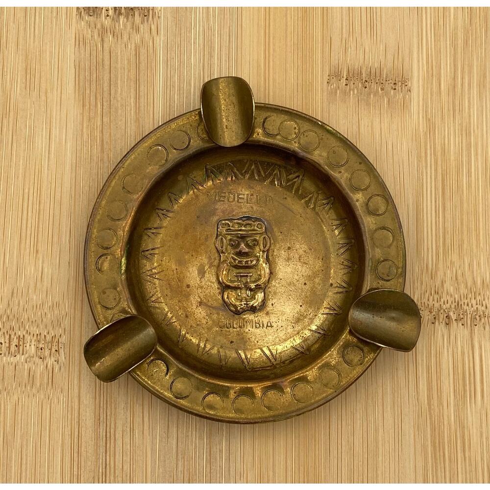 Vintage Small Brass Ashtray Mayan Style Souvenir Medellin Colombia